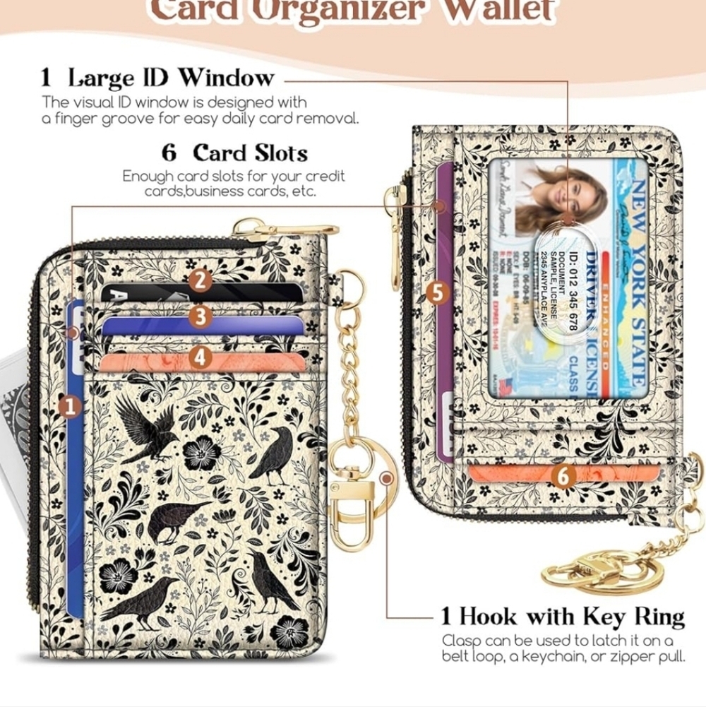 Floral Card Organizer Wallet with Key Ring - Black and Cream - Picture 2 of 3